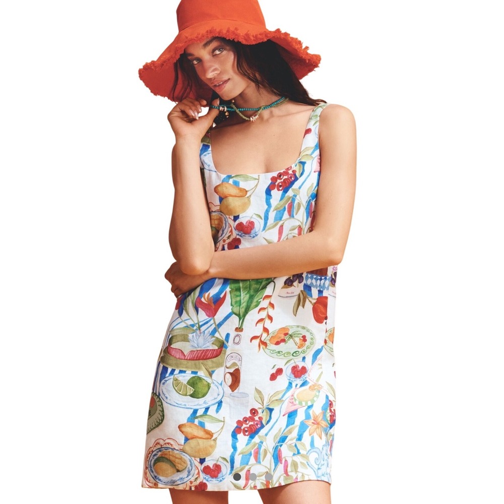 Farm Rio NWT Fresh Table Off-White Euroflax Premium Linen Mini Dress Size Small
